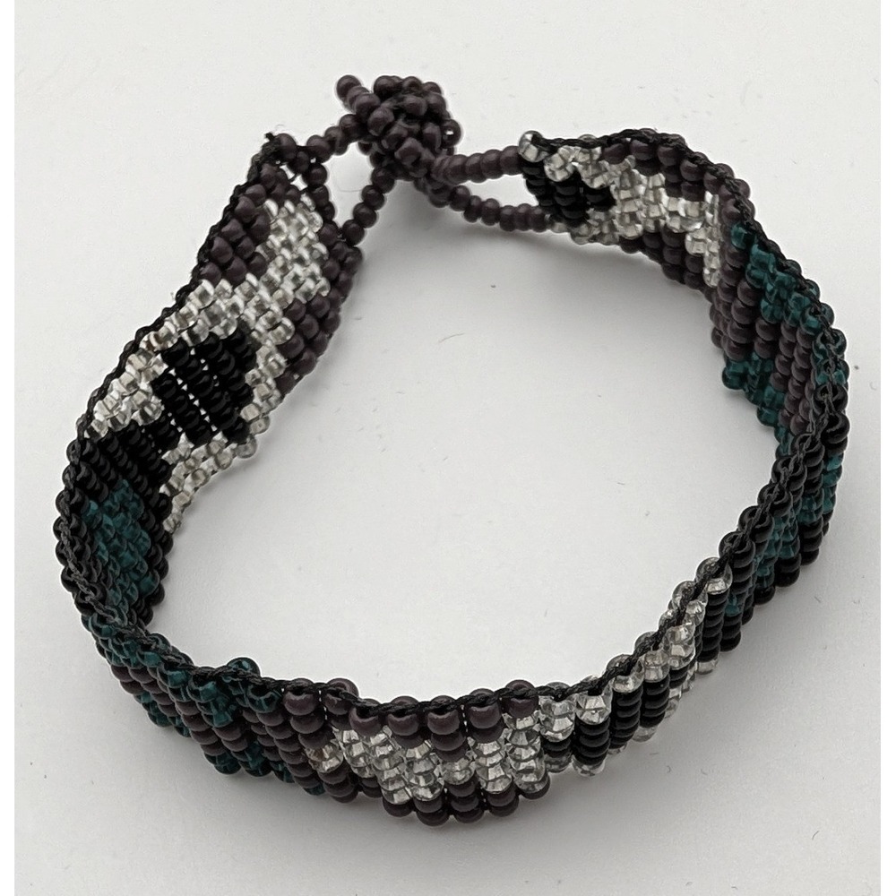 Handmade Woven Seed Bead Geometric Bracelet Plum Teal Black Silver Boho Cuff